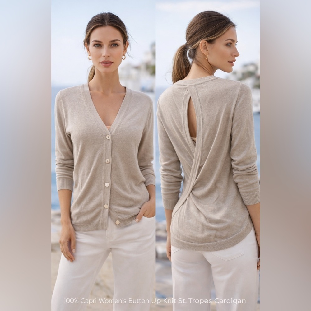 100% Capri St. Tropez Button-Up Knit Cardigan with Wrap Keyhole Back
